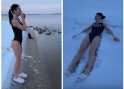 Фигуристая запорожанка в купальнике телом нарисовала ангела на снегу и нырнула в ледяную воду